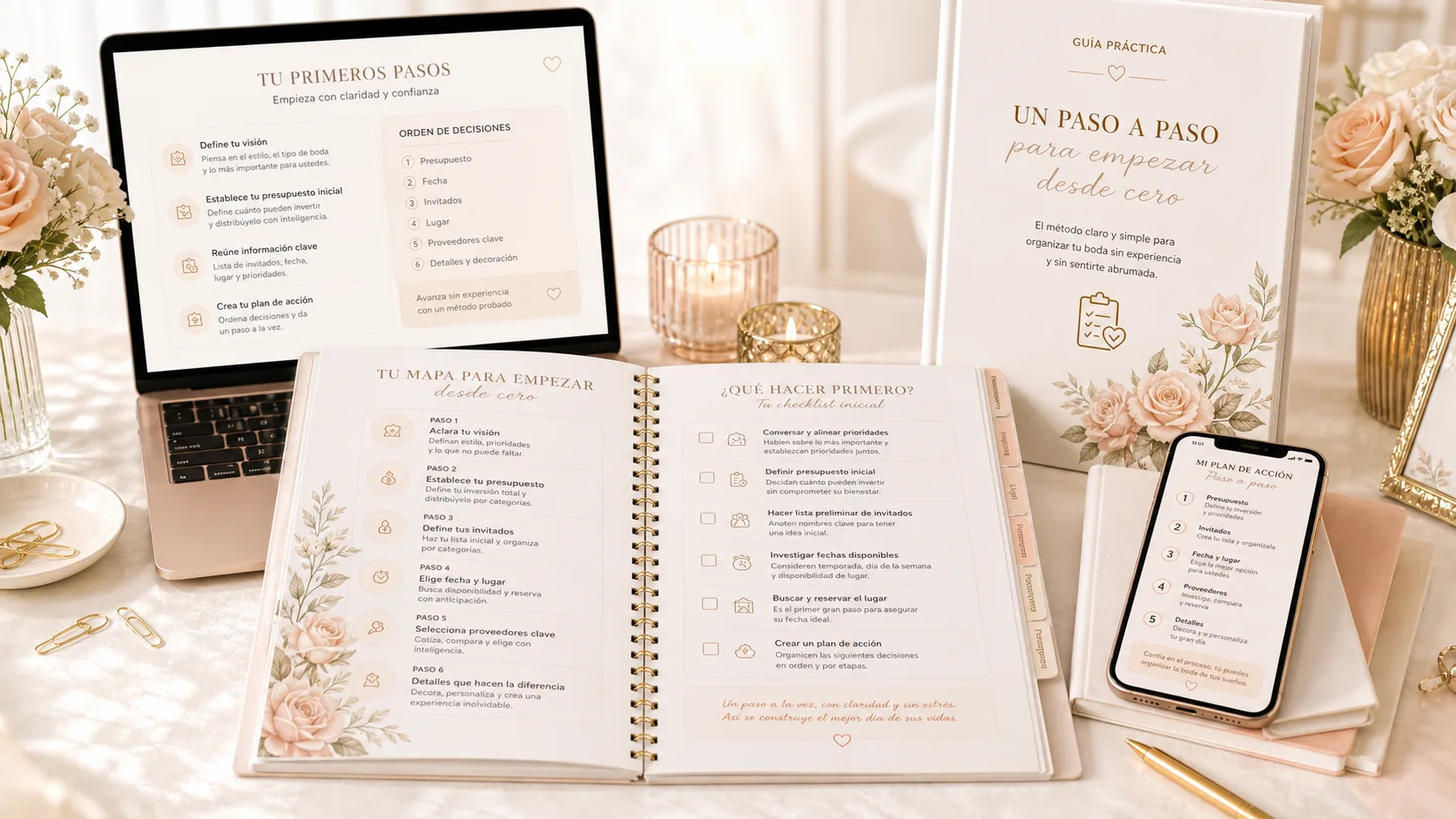 Mockup del contenido con un paso a paso para empezar desde cero
